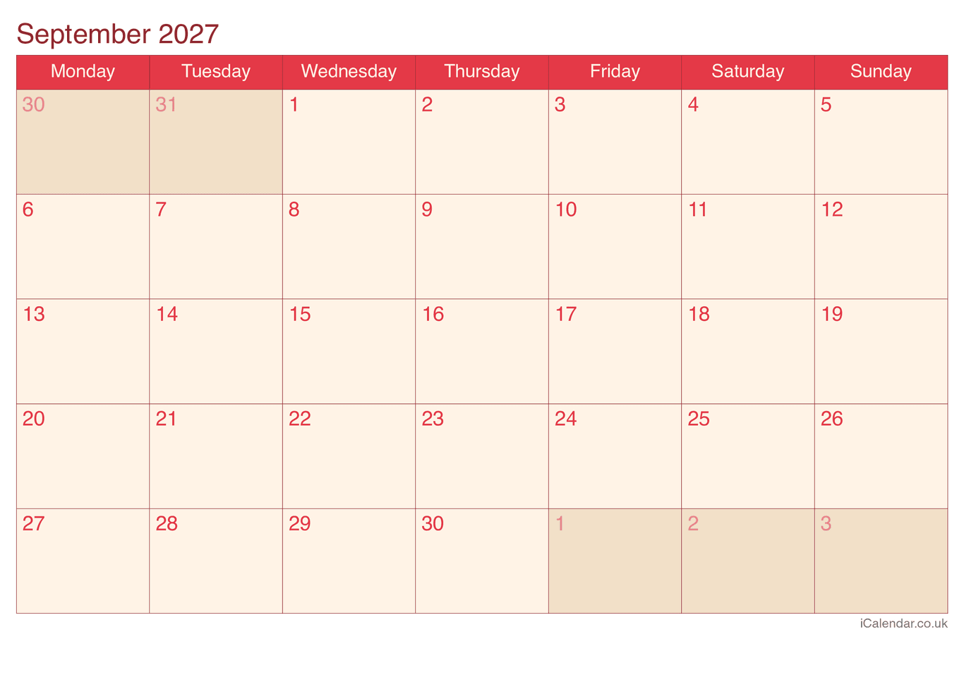 2027 September Calendar - Cherry