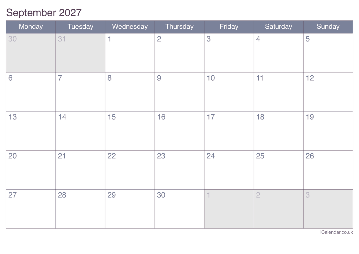2027 September Calendar - Office