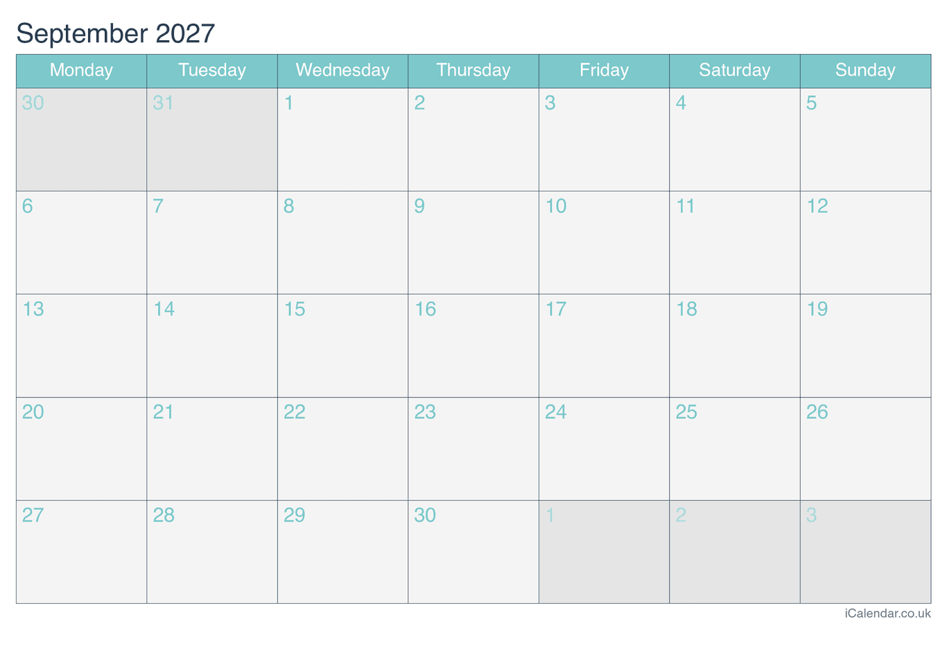 2027 September Calendar - Turquesa