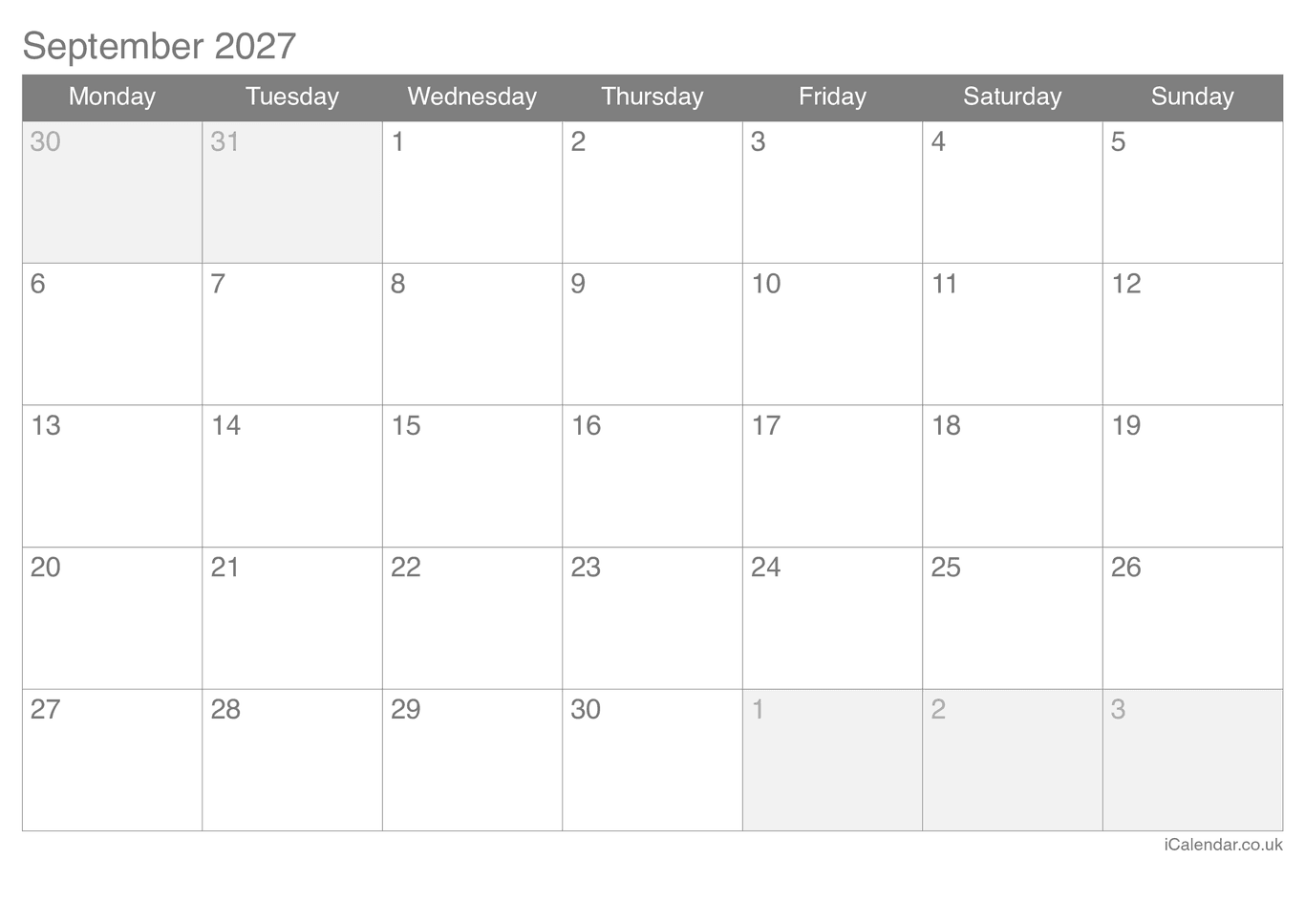 2027 September Calendar