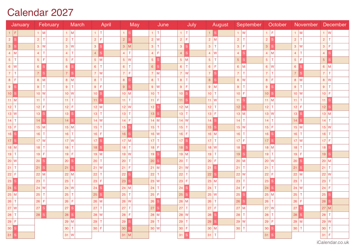 2027 Calendar - Cherry