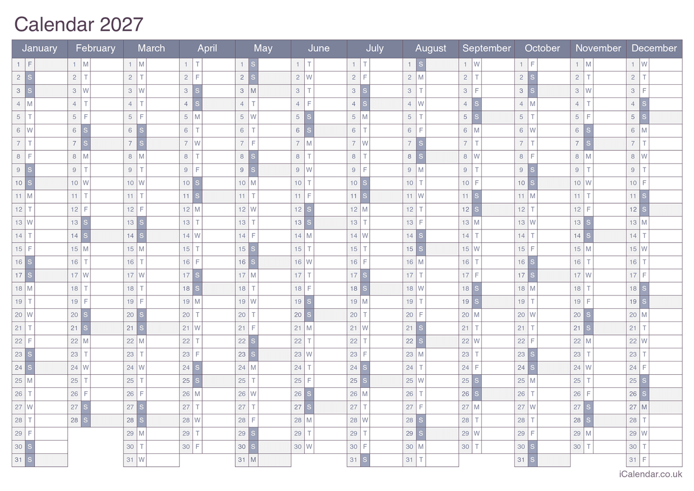 2027 Calendar - Office