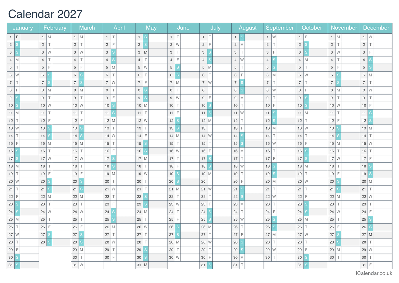 2027 Calendar - Turquesa