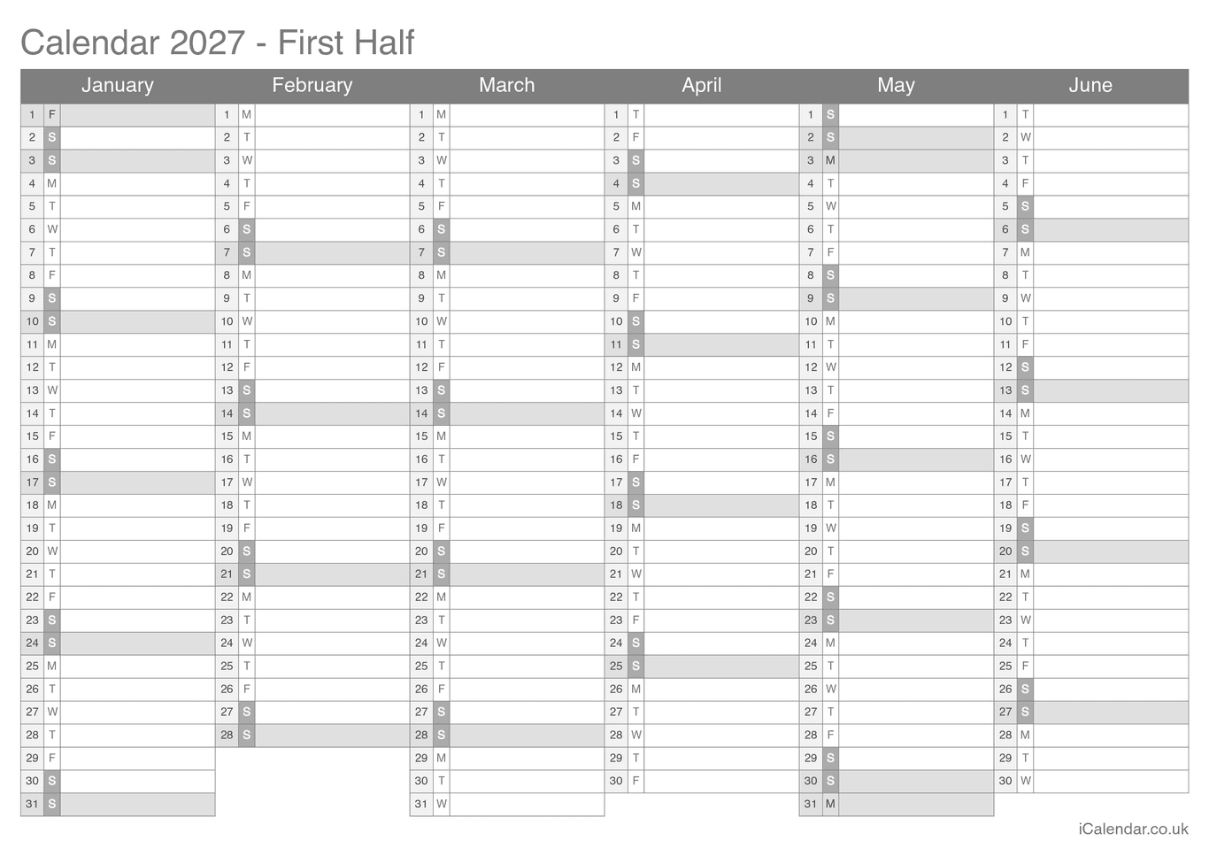 2027 Half year calendar