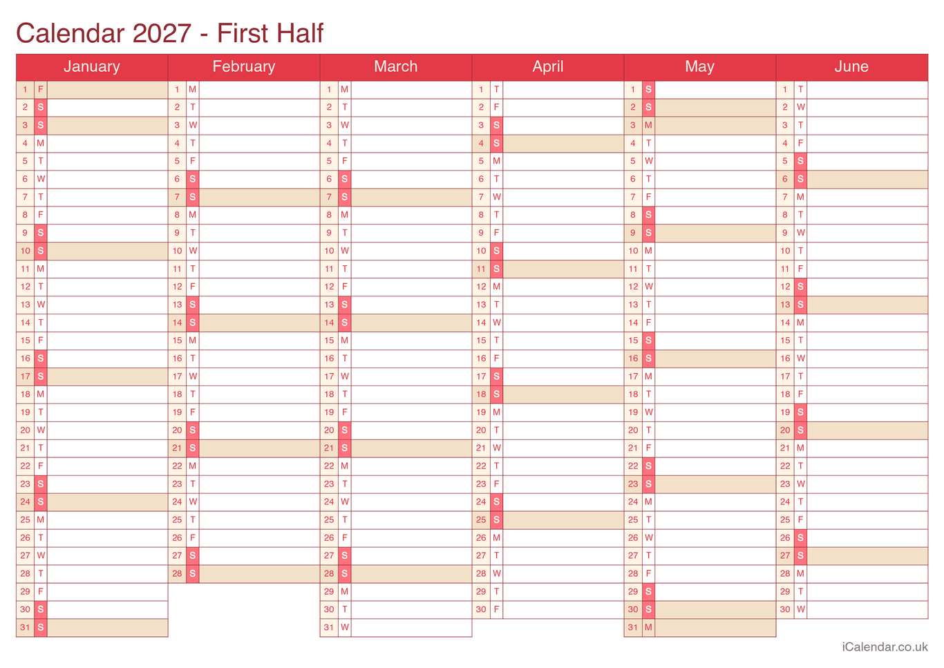 2027 Half year calendar - Cherry