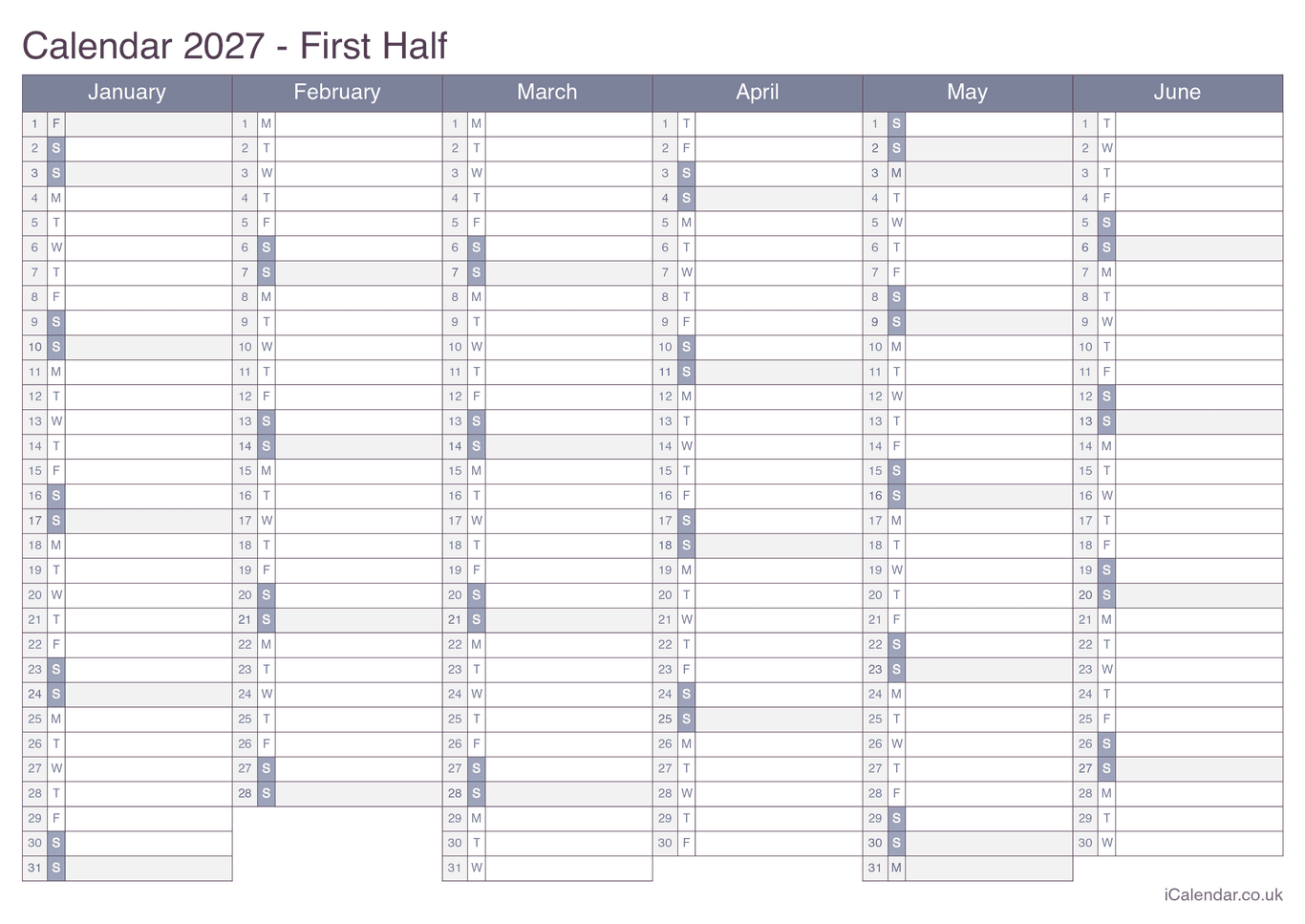 2027 Half year calendar - Office