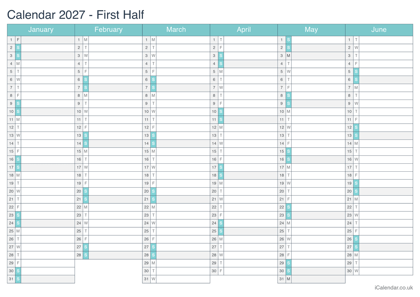 2027 Half year calendar - Turquesa