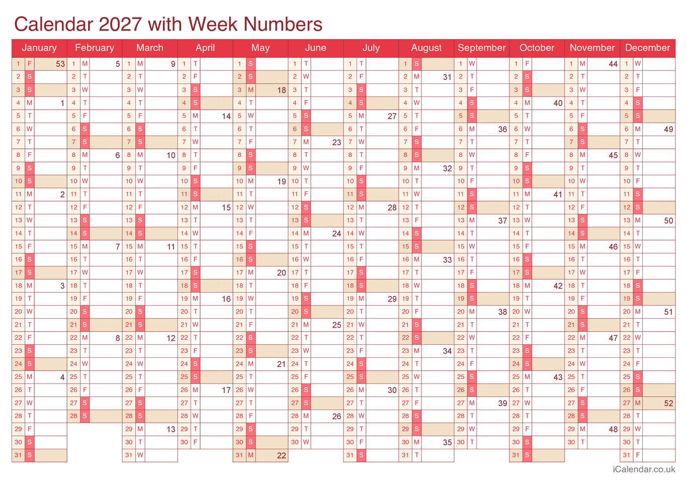 2027 Calendar with week numbers - Cherry