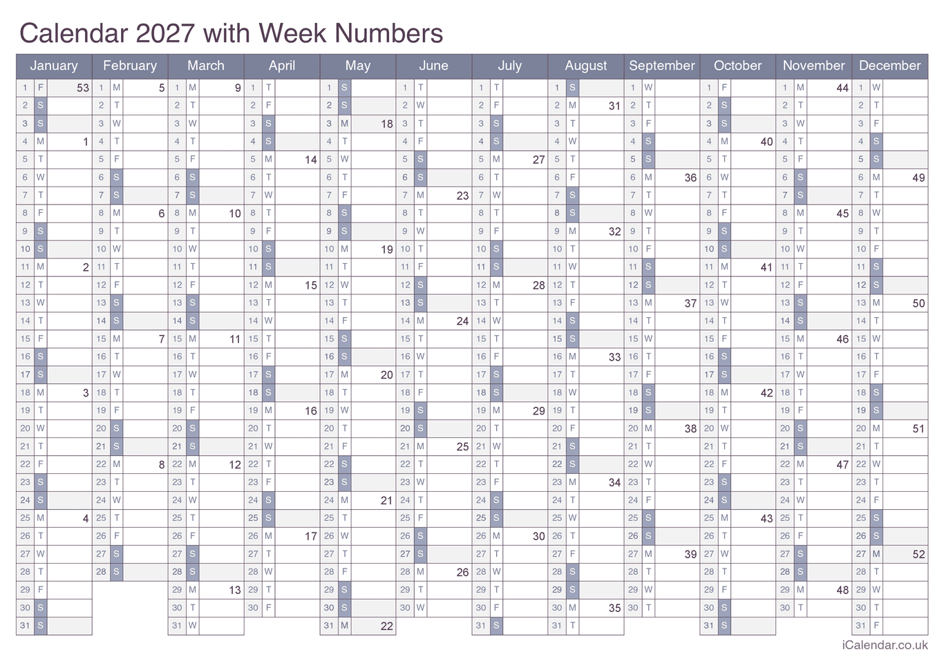 2027 Calendar with week numbers - Office