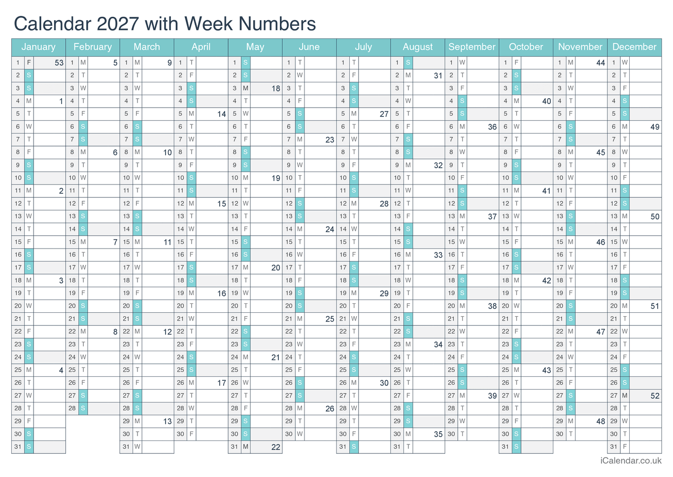 2027 Calendar with week numbers - Turquesa