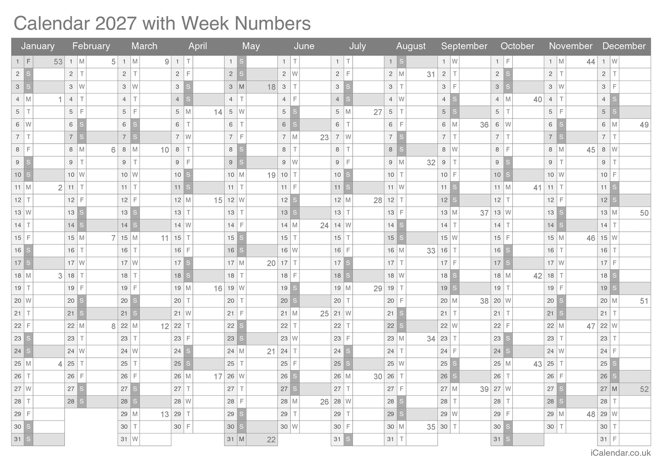 2027 Calendar with week numbers