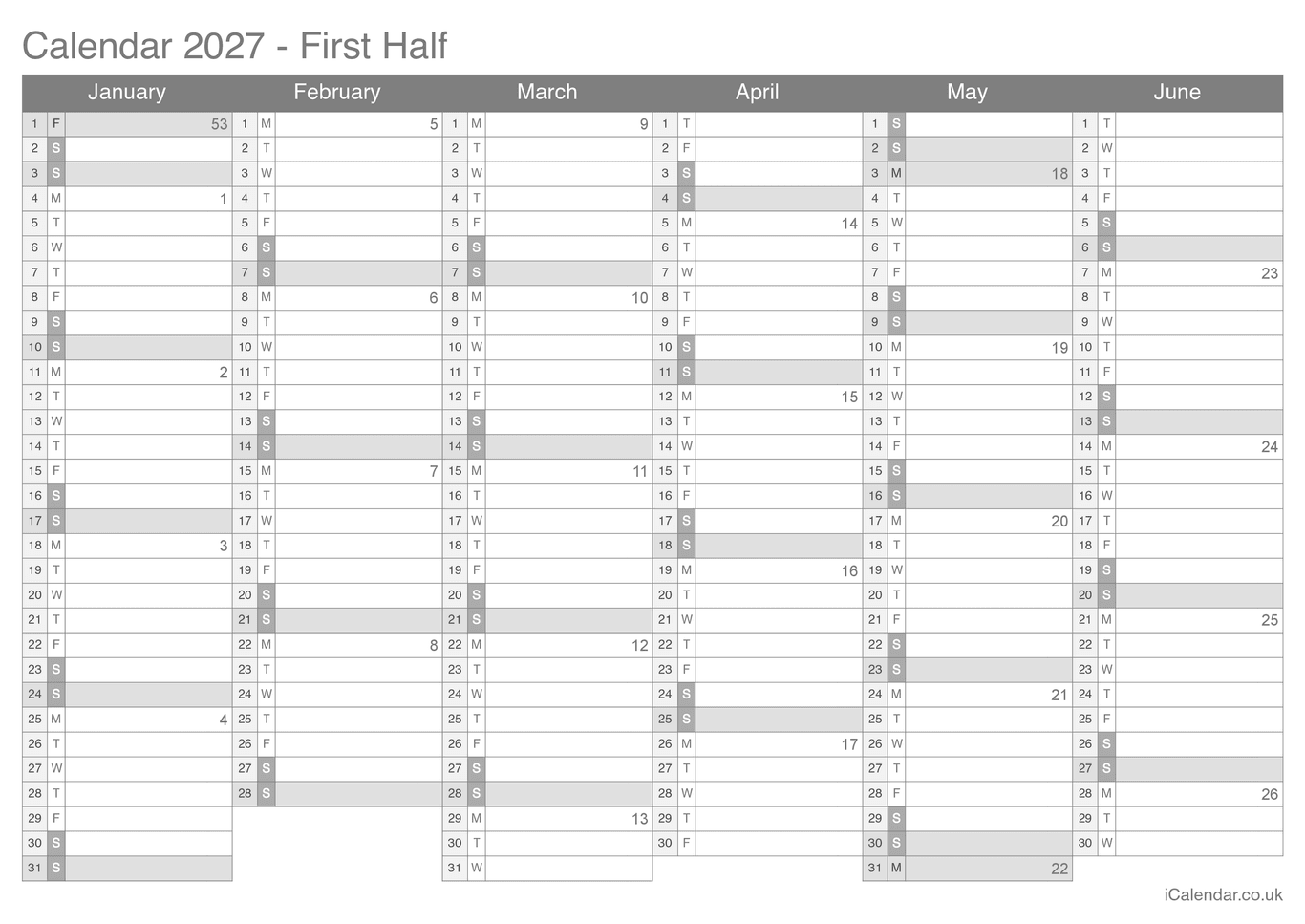 2027 Half year calendar with week numbers