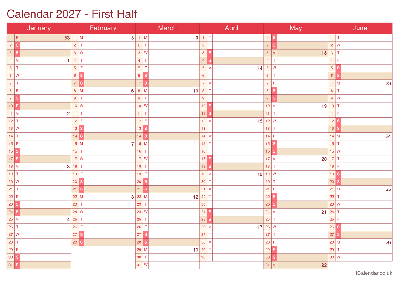 2027 Half year calendar with week numbers - Cherry