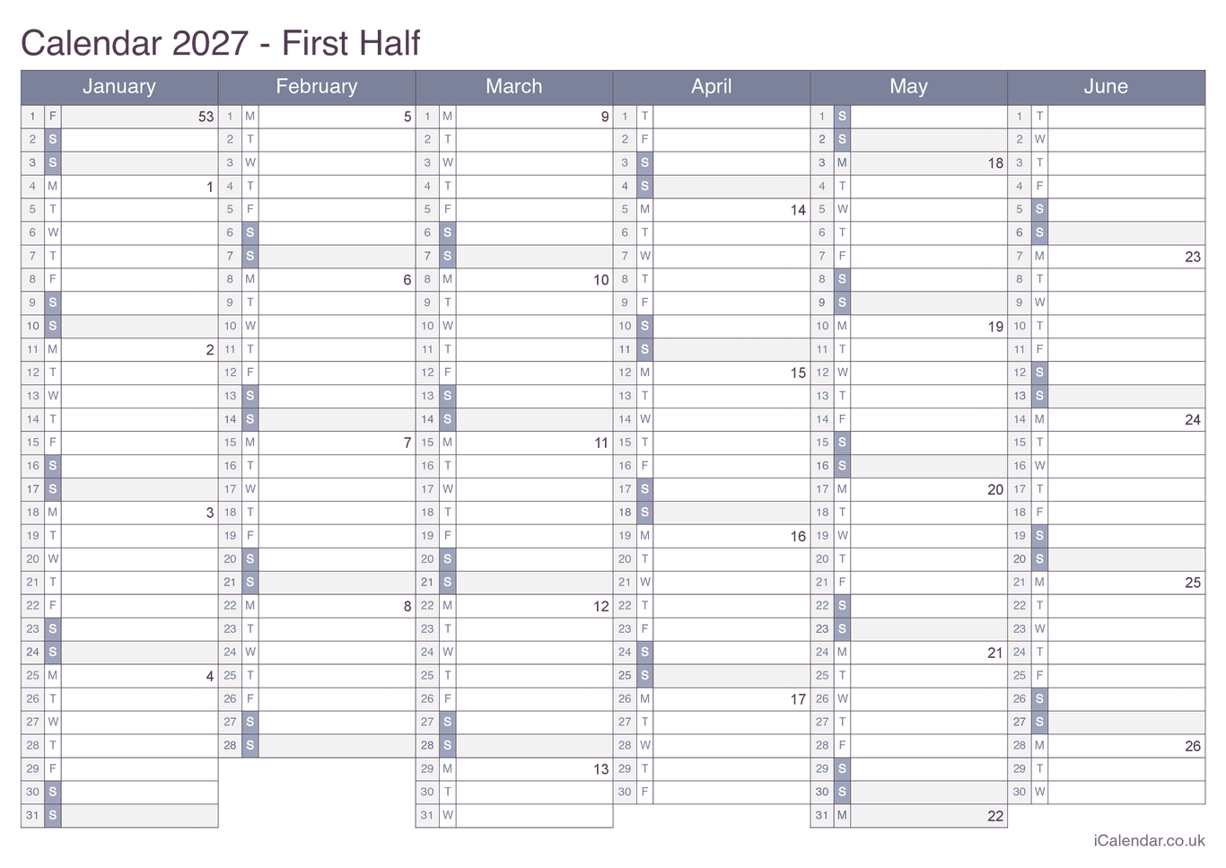 2027 Half year calendar with week numbers - Office