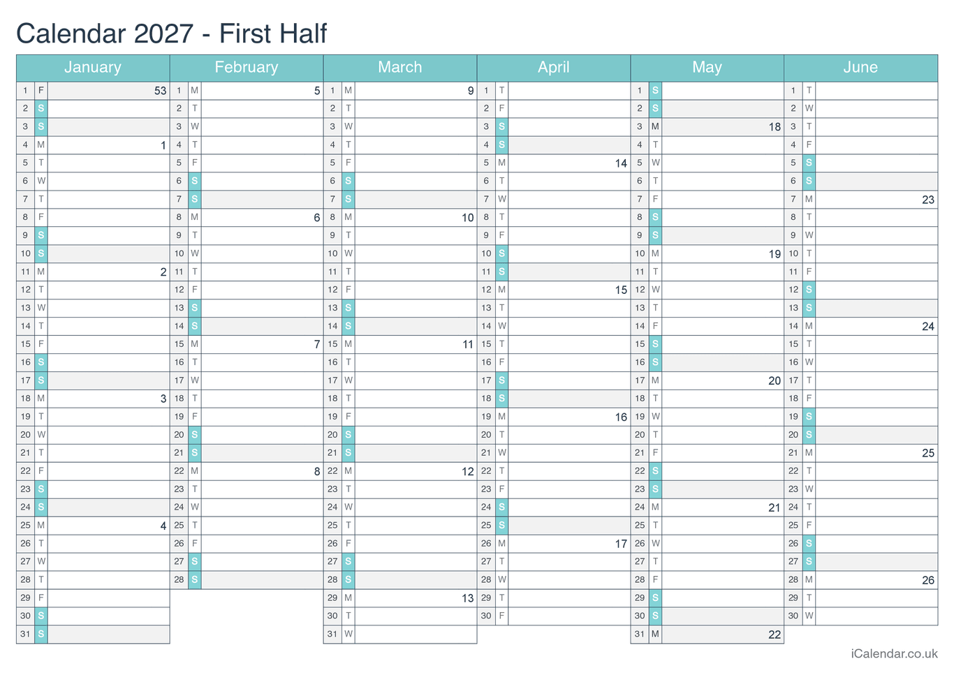2027 Half year calendar with week numbers - Turquesa