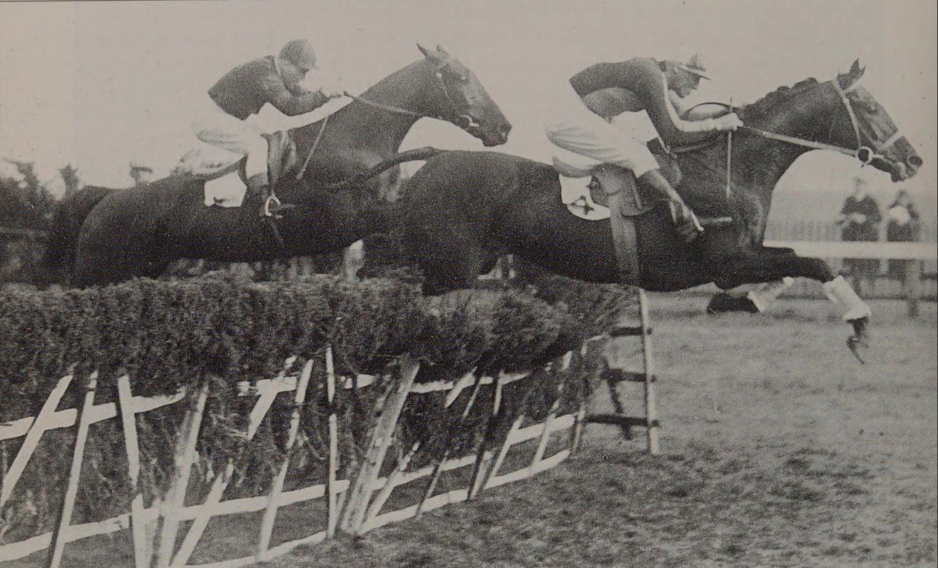 The 1929 Champion Hurdle with Royal Falcon jumping ahead to win with Dick Rees. Behind is Billy Stott on Rolie who lost the race by four lengths.
